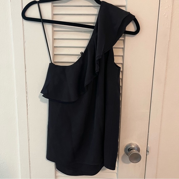 Theory Asymmetrical, One-shoulder Silk Blouse with Ruffle - Picture 3 of 12